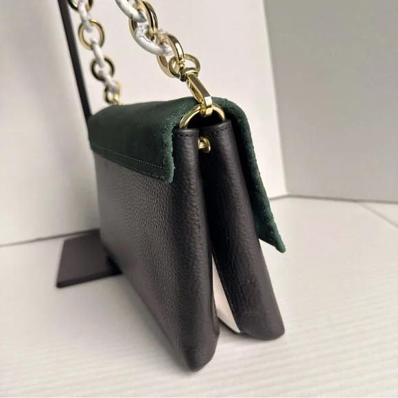 Ted Baker Jet Aalice Shoulder Bag Green Suede Flap Pebbled Leather Marble Chain